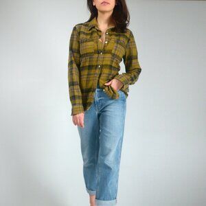 North Face 100% Cotton Flannel Button Down Shirt, Yellow Black & Purple Plaid, S